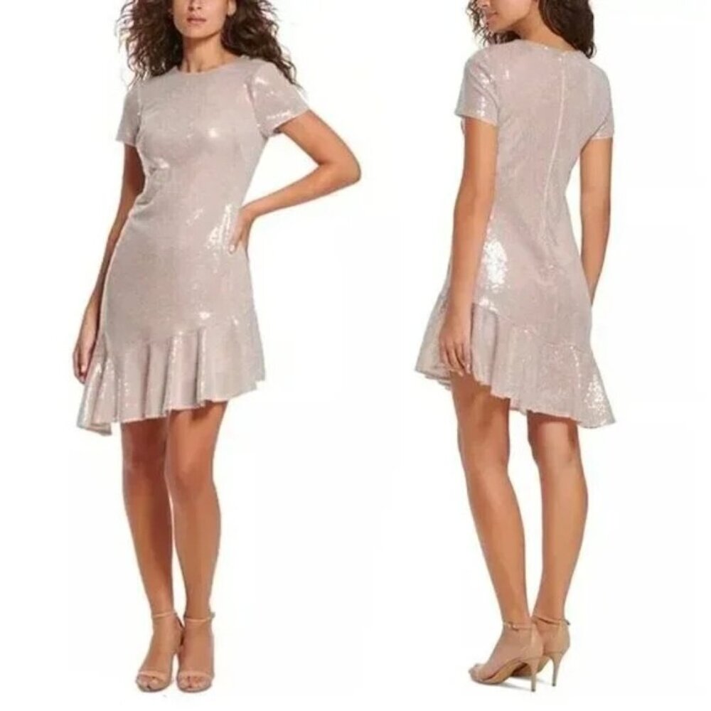 Eliza J 2 Sequined Short Sleeve Ruffle Asymmetrical Hem Cocktail Dress Blush Pin